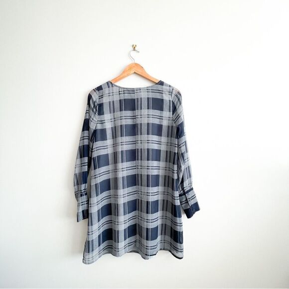 BB Dakota Plaid Dress Shift Dress Navy Gray Long Sheer Sleeve Women's S - Picture 3 of 11